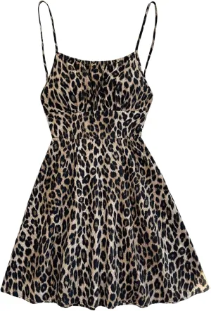 Verdusa Women's Leopard Print Y2K Mini Dress Fitted Spaghetti Strap Mesh Slip Dress