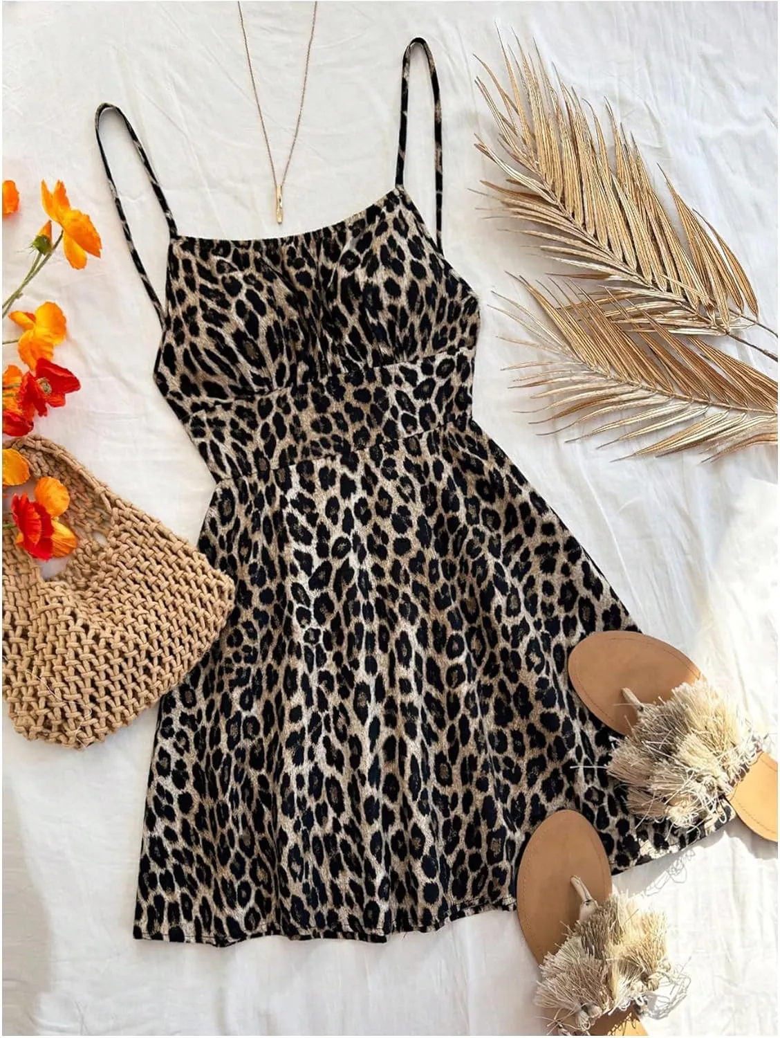 Verdusa Women's Leopard Print Y2K Mini Dress Fitted Spaghetti Strap Mesh Slip Dress