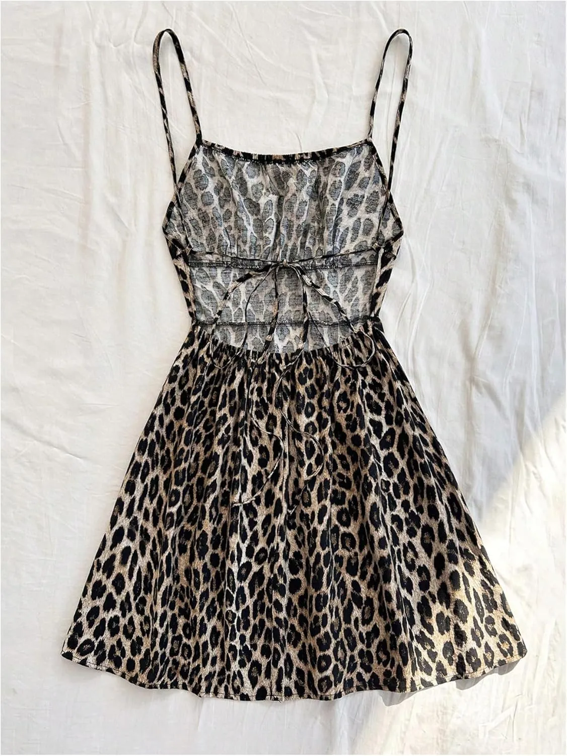 Verdusa Women's Leopard Print Y2K Mini Dress Fitted Spaghetti Strap Mesh Slip Dress