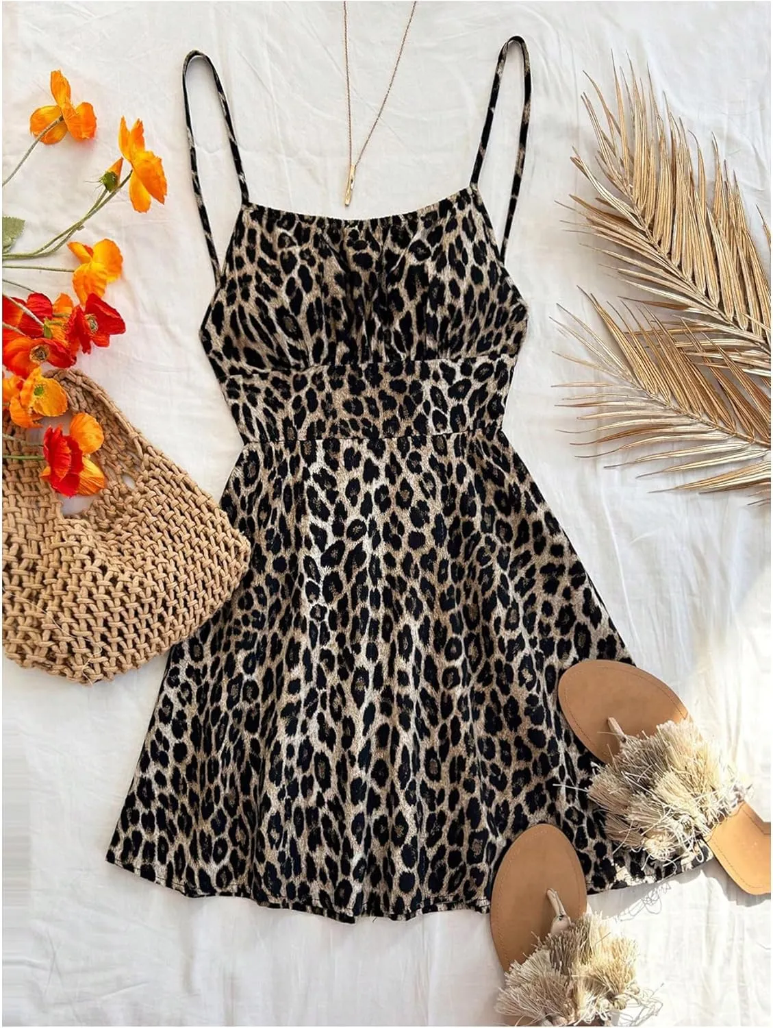 Verdusa Women's Leopard Print Y2K Mini Dress Fitted Spaghetti Strap Mesh Slip Dress