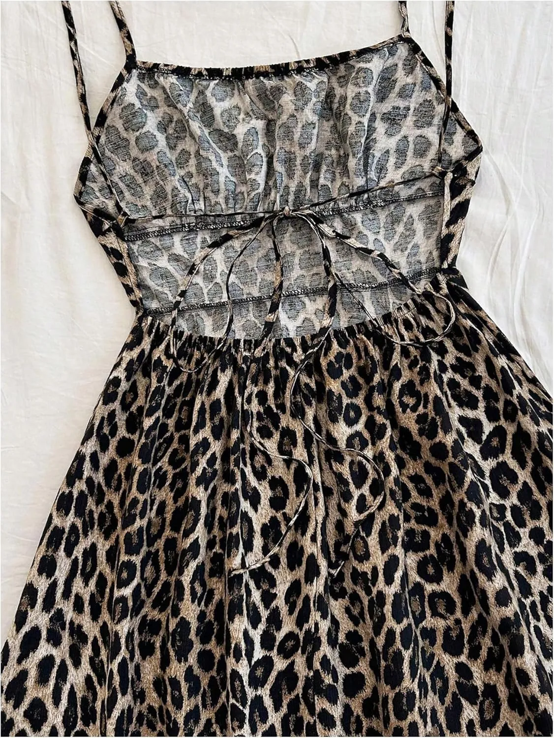 Verdusa Women's Leopard Print Y2K Mini Dress Fitted Spaghetti Strap Mesh Slip Dress