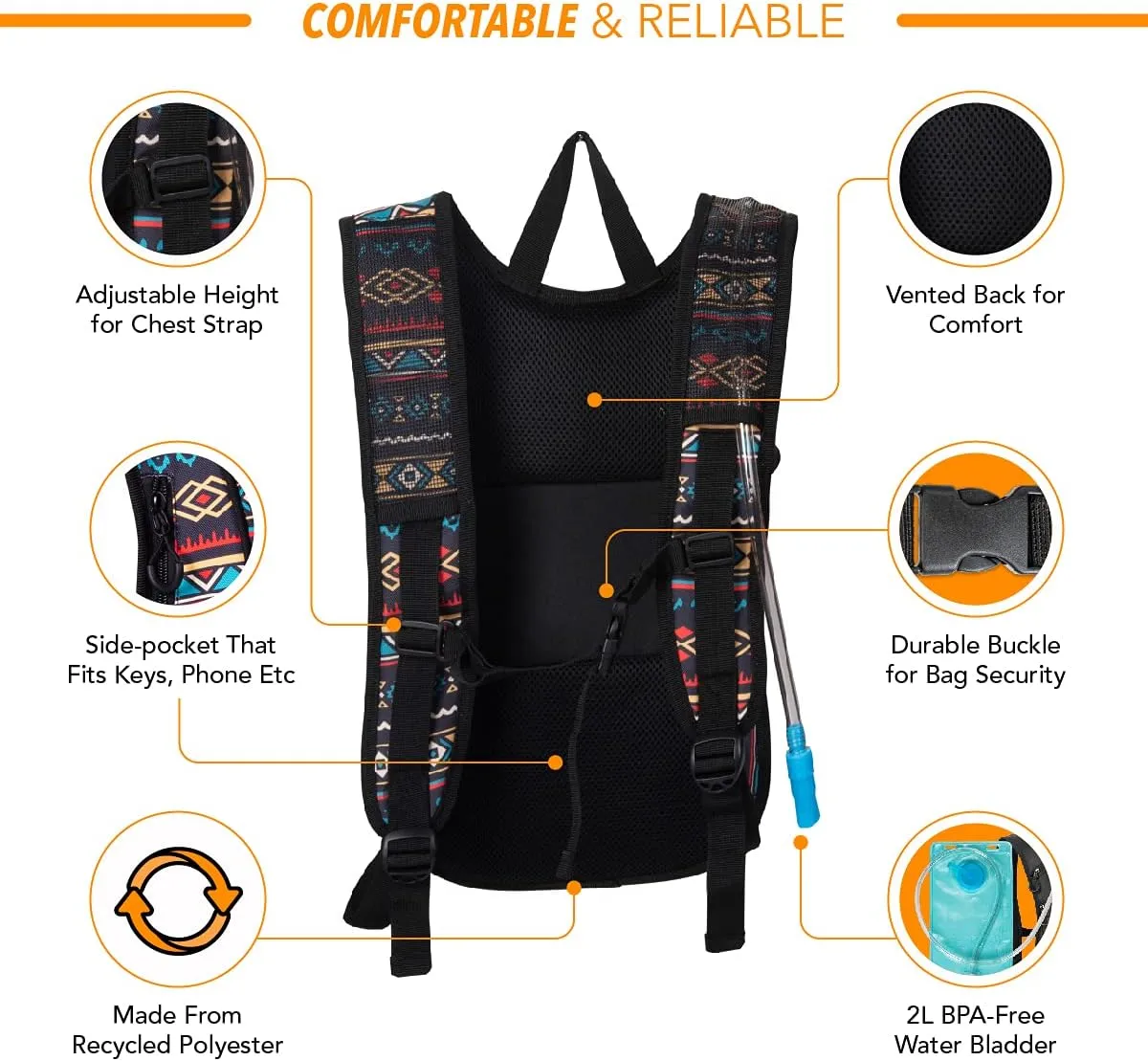 Vibe Festival Gear Hydration Pack Backpack with 2L Water Bladder for Women, Men, Teens, Kids - Hydropack Hydro Sports, Outdoor, Running, Camping, Hiking, Festivals, Raves