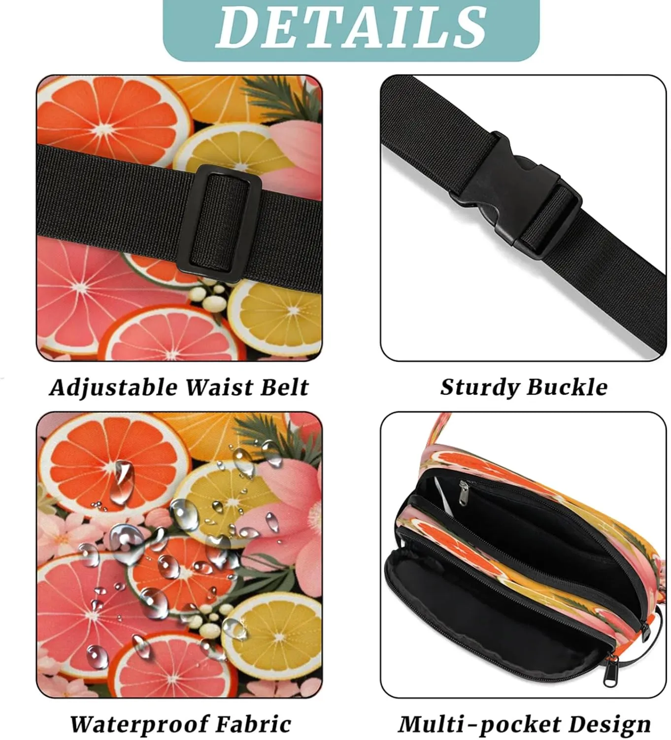 Vibrant Fruit Florals Waterproof Unisex Square Fanny Pack, Adjustable Waist Bag with Pockets, Sturdy Lightweight Crossbody Bag for Travel, Running, Hiking (9x6.1x2.5 Inches)