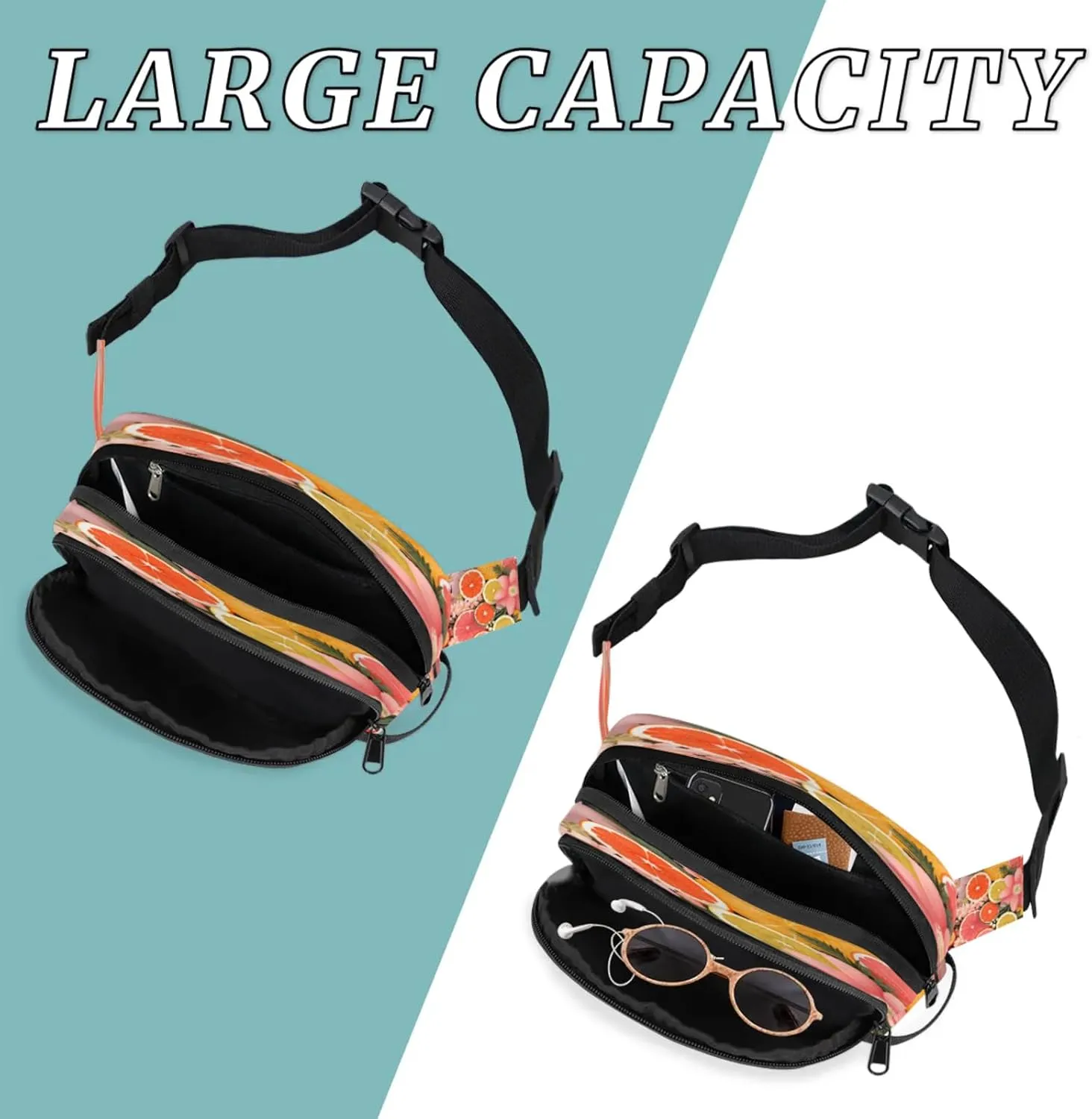 Vibrant Fruit Florals Waterproof Unisex Square Fanny Pack, Adjustable Waist Bag with Pockets, Sturdy Lightweight Crossbody Bag for Travel, Running, Hiking (9x6.1x2.5 Inches)