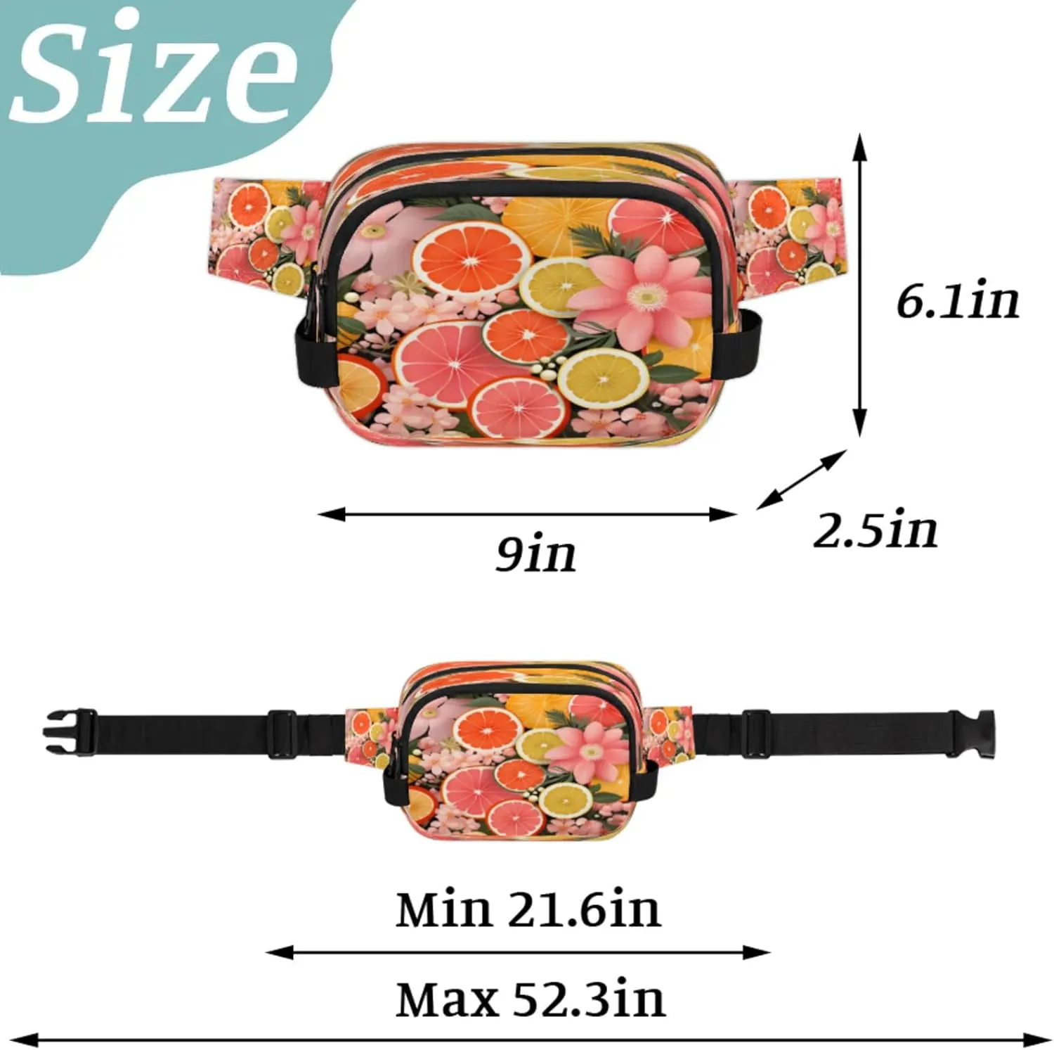 Vibrant Fruit Florals Waterproof Unisex Square Fanny Pack, Adjustable Waist Bag with Pockets, Sturdy Lightweight Crossbody Bag for Travel, Running, Hiking (9x6.1x2.5 Inches)
