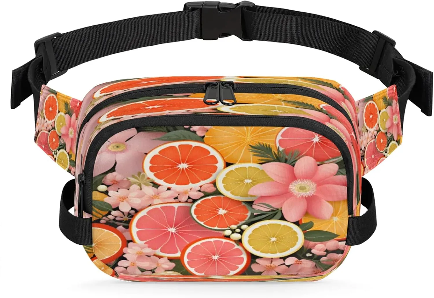 Vibrant Fruit Florals Waterproof Unisex Square Fanny Pack, Adjustable Waist Bag with Pockets, Sturdy Lightweight Crossbody Bag for Travel, Running, Hiking (9x6.1x2.5 Inches)