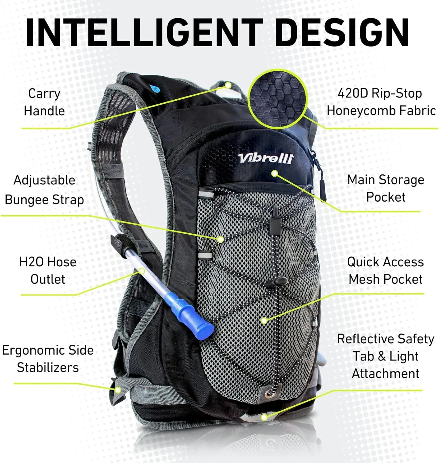 Vibrelli Hydration Backpack & 2L Hydration Bladder - High Flow Bite Valve - Hydration Pack for Cycling, Running, Hiking