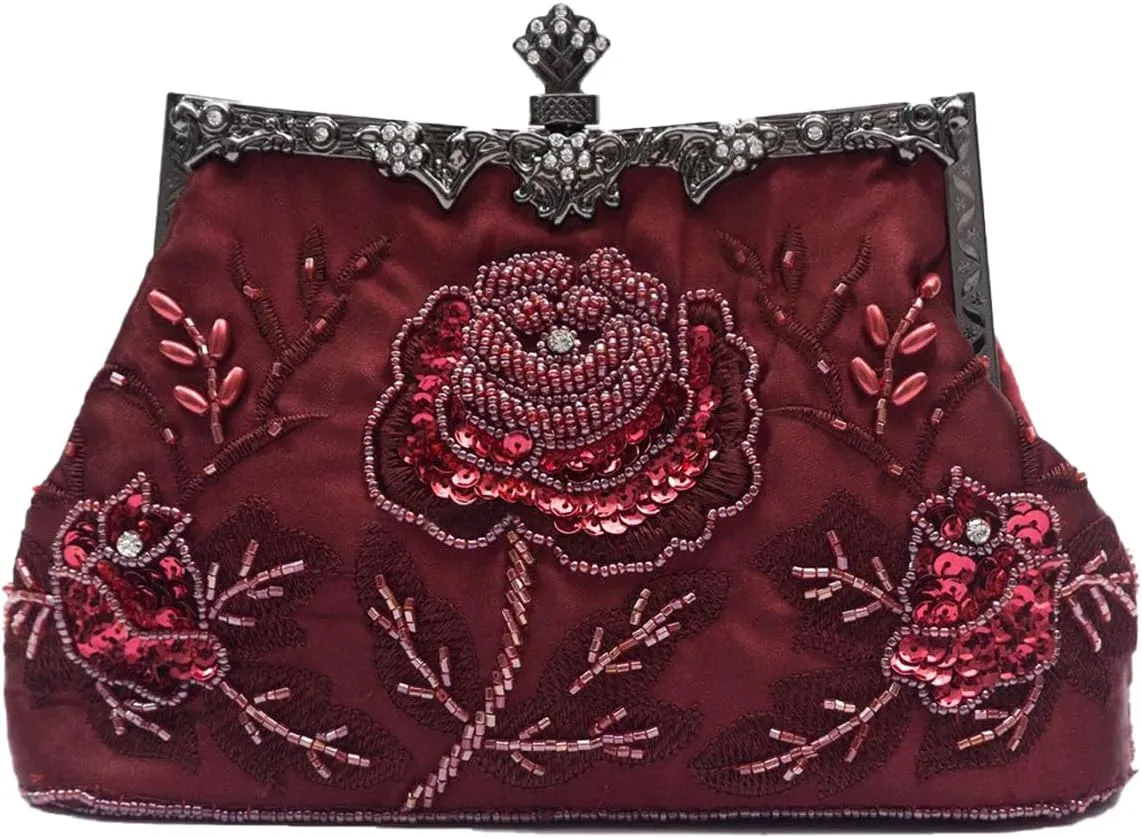 Vintage 1920s Beaded Evening Bag Pearl Clutch Bag for Women Sequin Handbag Bridal Wedding Purse Floral Shoulder Bag