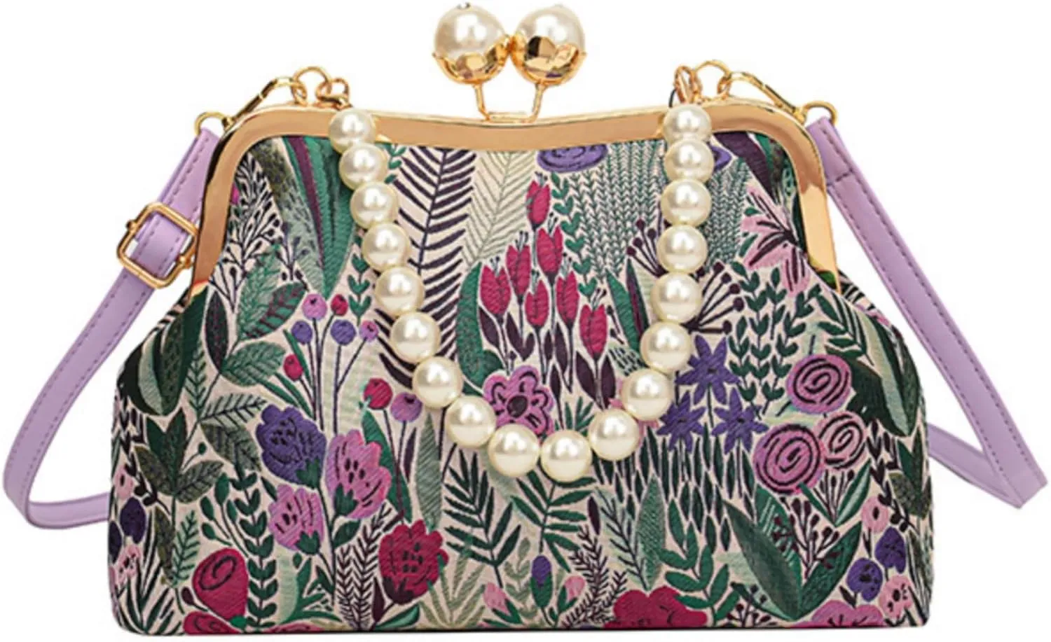 Vintage Crossbody Bag for Women, Retro Embroidered Flower Handbag Pearl Chain Small Clutch Purse with Kiss Lock