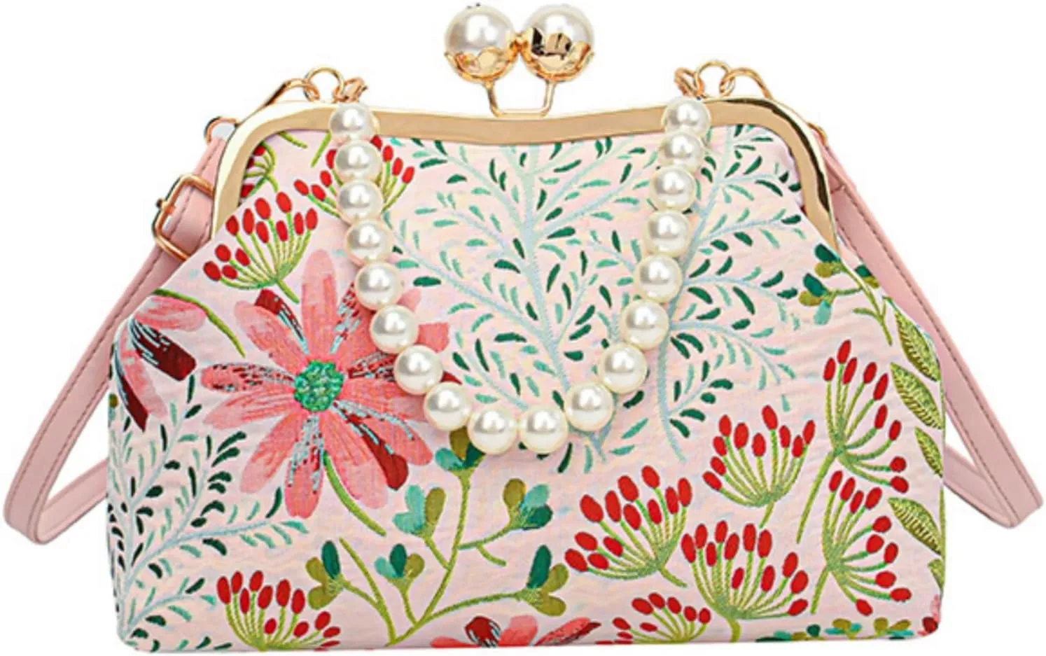 Vintage Crossbody Bag for Women, Retro Embroidered Flower Handbag Pearl Chain Small Clutch Purse with Kiss Lock