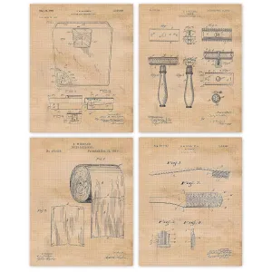 Vintage Unisex Bathroom Humor Patent Prints, 4 (8x10) Unframed Photos, Wall Art Decor Gift for Home Work Office Man Cave Garage School College Student Teacher Coach Interior Design Architect Builder