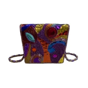 Vintage Women's 80s Purple Satin Bejeweled Sequined Flap Crossbody Clutch Sz S