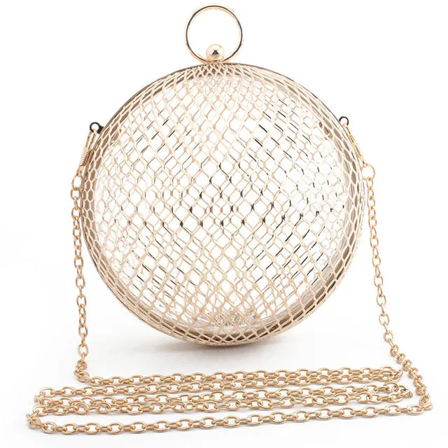 Vintage Women's Evening Bag Metal Chain Hollow Out Mini Bag Banquet Party Shoulder & Crossbody Bags Clutch Circular Cage Handbag