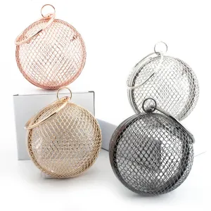 Vintage Women's Evening Bag Metal Chain Hollow Out Mini Bag Banquet Party Shoulder & Crossbody Bags Clutch Circular Cage Handbag