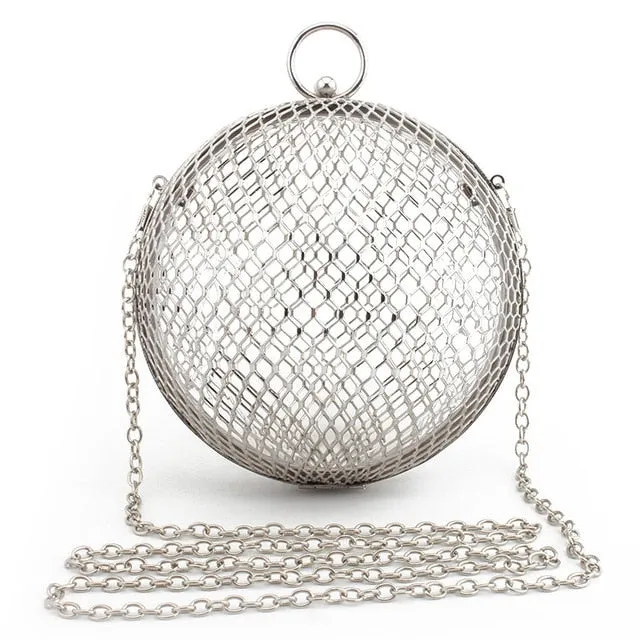 Vintage Women's Evening Bag Metal Chain Hollow Out Mini Bag Banquet Party Shoulder & Crossbody Bags Clutch Circular Cage Handbag