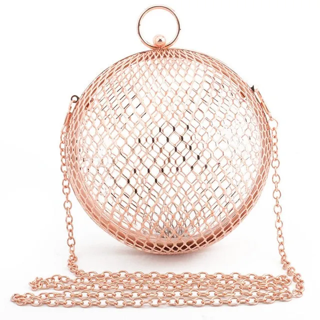 Vintage Women's Evening Bag Metal Chain Hollow Out Mini Bag Banquet Party Shoulder & Crossbody Bags Clutch Circular Cage Handbag