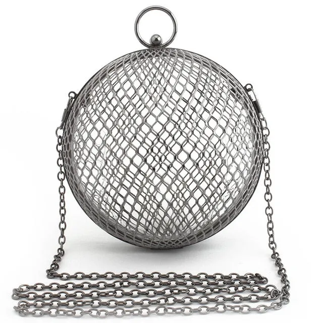Vintage Women's Evening Bag Metal Chain Hollow Out Mini Bag Banquet Party Shoulder & Crossbody Bags Clutch Circular Cage Handbag
