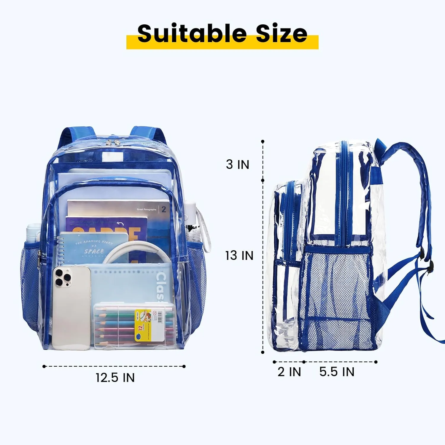 Vorspack Clear Backpack Heavy Duty - Clear Backpacks for School Transparent Bookbag for Girls Boys Large See Through Bag for Work, College, Concert - Blue