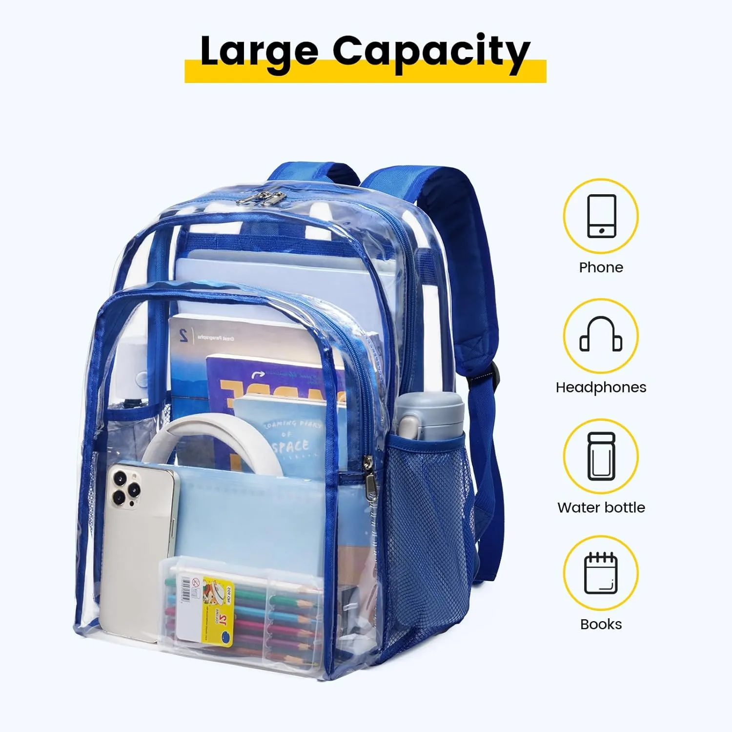 Vorspack Clear Backpack Heavy Duty - Clear Backpacks for School Transparent Bookbag for Girls Boys Large See Through Bag for Work, College, Concert - Blue