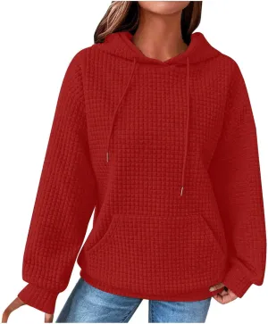 Waffle Hooded Sweatshirts for Women Long Sleeve Fall Hoodies Womens Plain Pullover Sweatshirt Trendy 2024