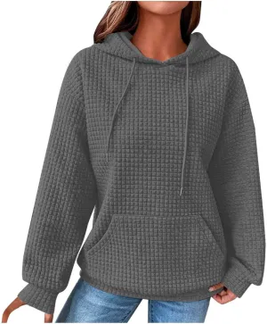 Waffle Hooded Sweatshirts for Women Long Sleeve Fall Hoodies Womens Plain Pullover Sweatshirt Trendy 2024