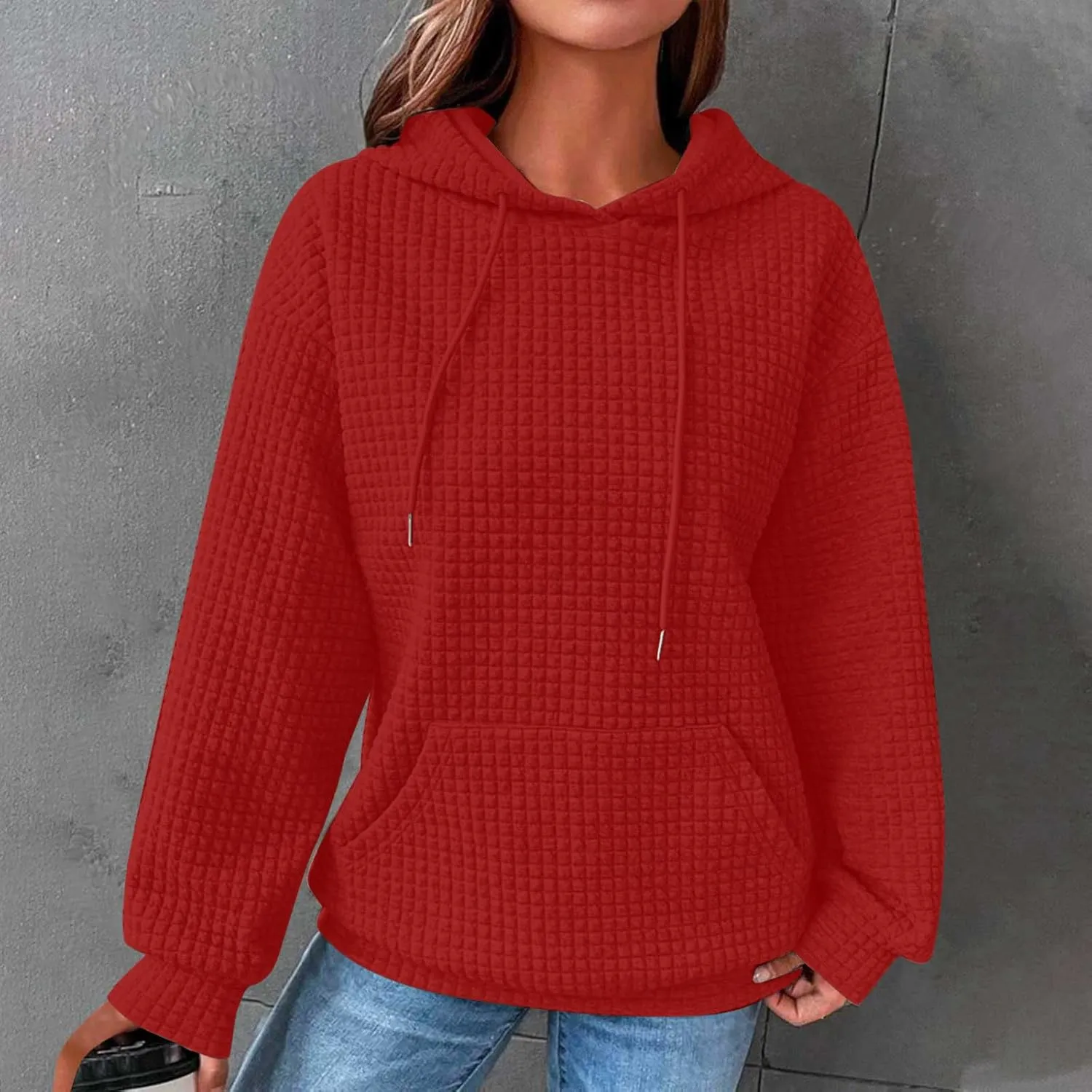 Waffle Hooded Sweatshirts for Women Long Sleeve Fall Hoodies Womens Plain Pullover Sweatshirt Trendy 2024
