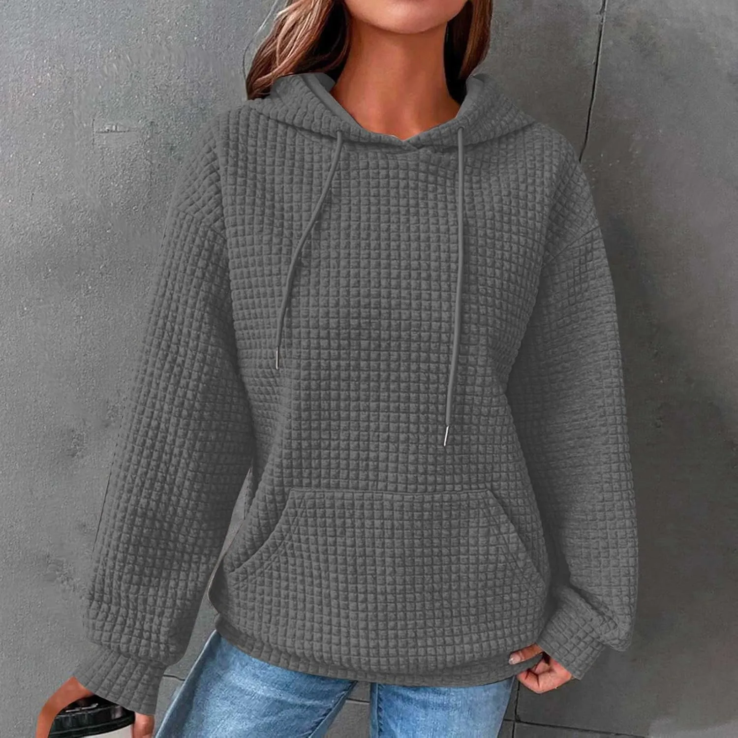 Waffle Hooded Sweatshirts for Women Long Sleeve Fall Hoodies Womens Plain Pullover Sweatshirt Trendy 2024