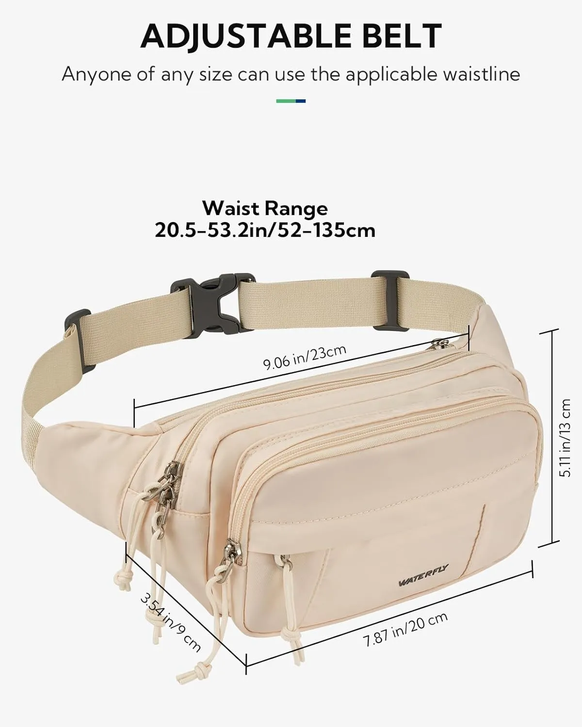 WATERFLY Fanny Pack Waist Packs: Large Crossbody Fanny Packs for Women Men with 5 Zipper Pockets Adjustable Strap Waist Bags Hip Pack for Traveling Cycling Running Hiking-White