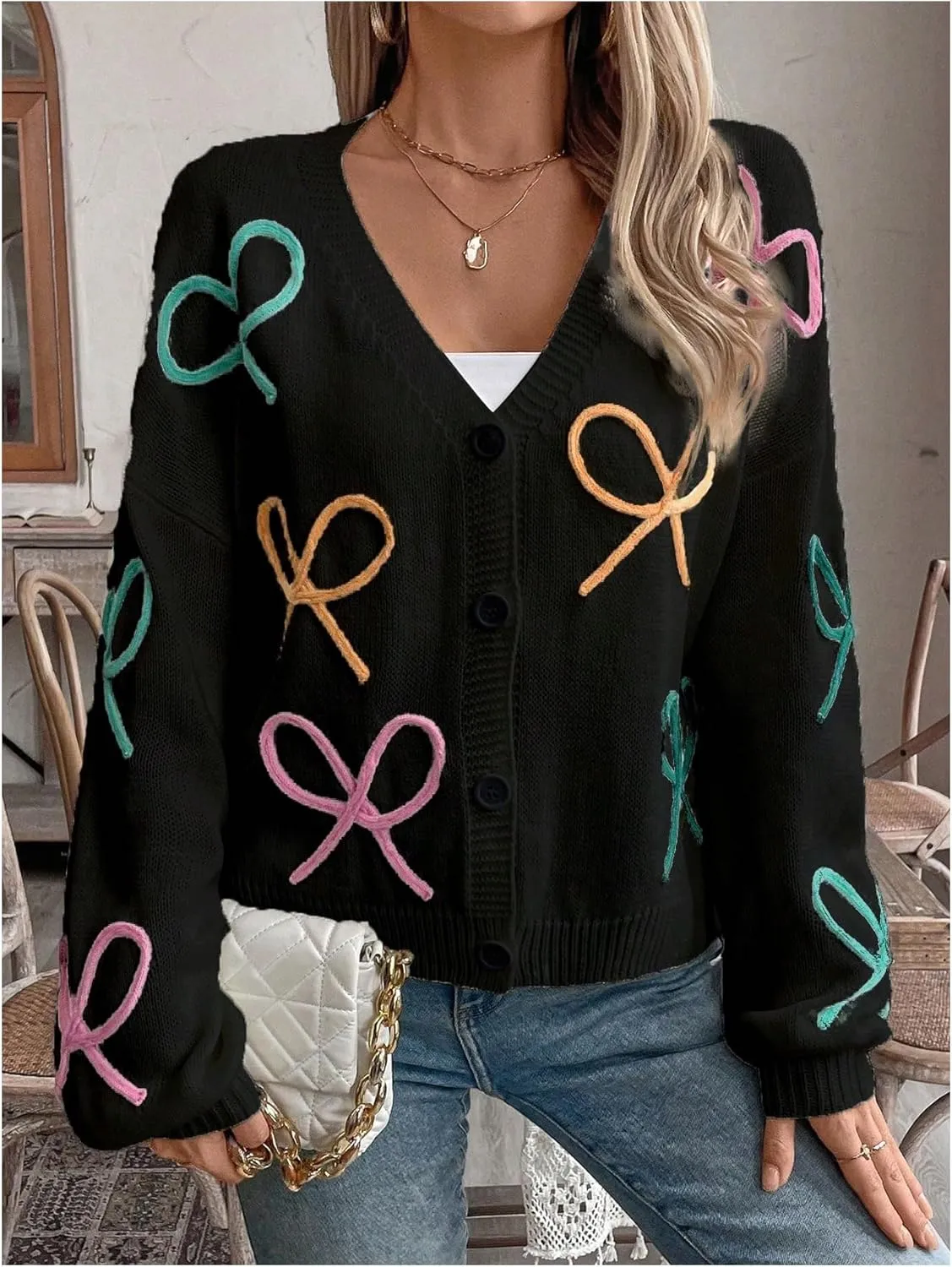 WDIRARA Women's Bow Button Down Cardigan V Neck Long Sleeve Drop Shoulder Knit Sweater