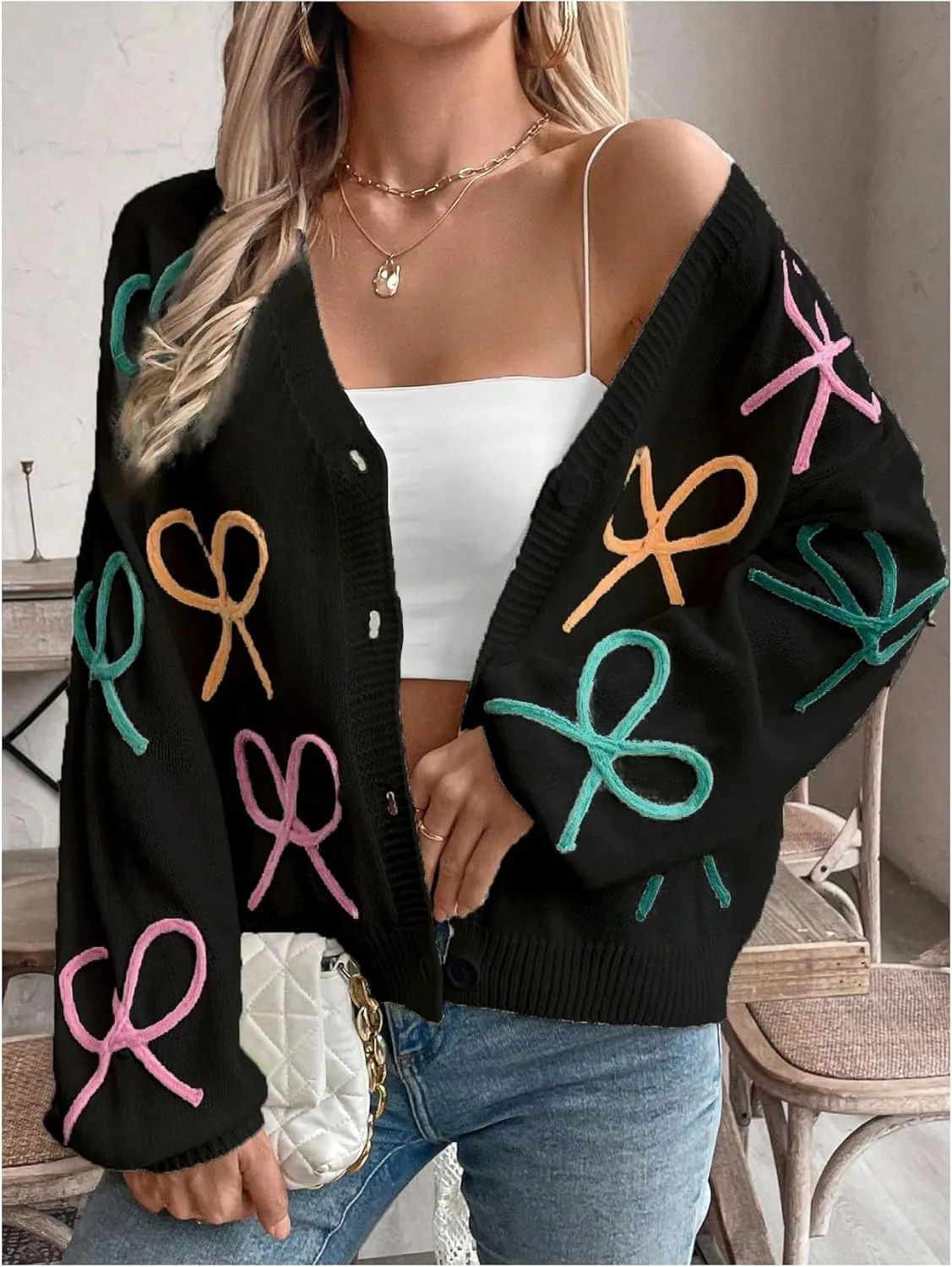 WDIRARA Women's Bow Button Down Cardigan V Neck Long Sleeve Drop Shoulder Knit Sweater