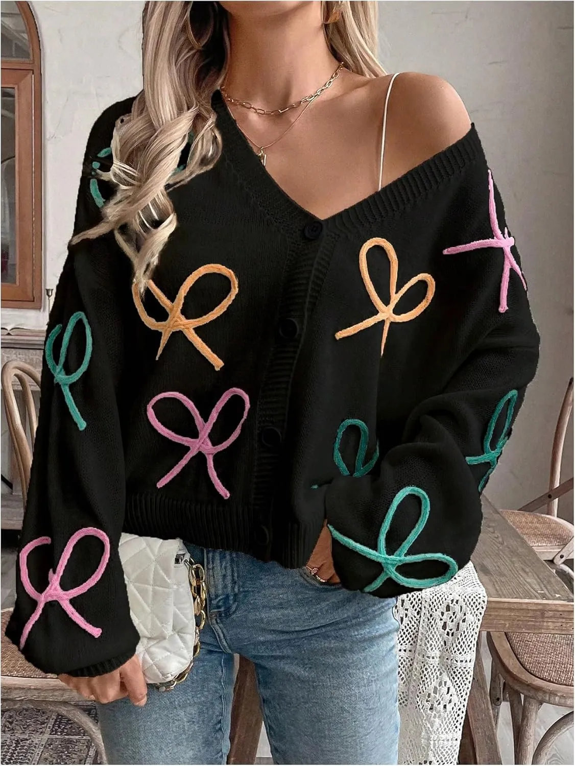 WDIRARA Women's Bow Button Down Cardigan V Neck Long Sleeve Drop Shoulder Knit Sweater