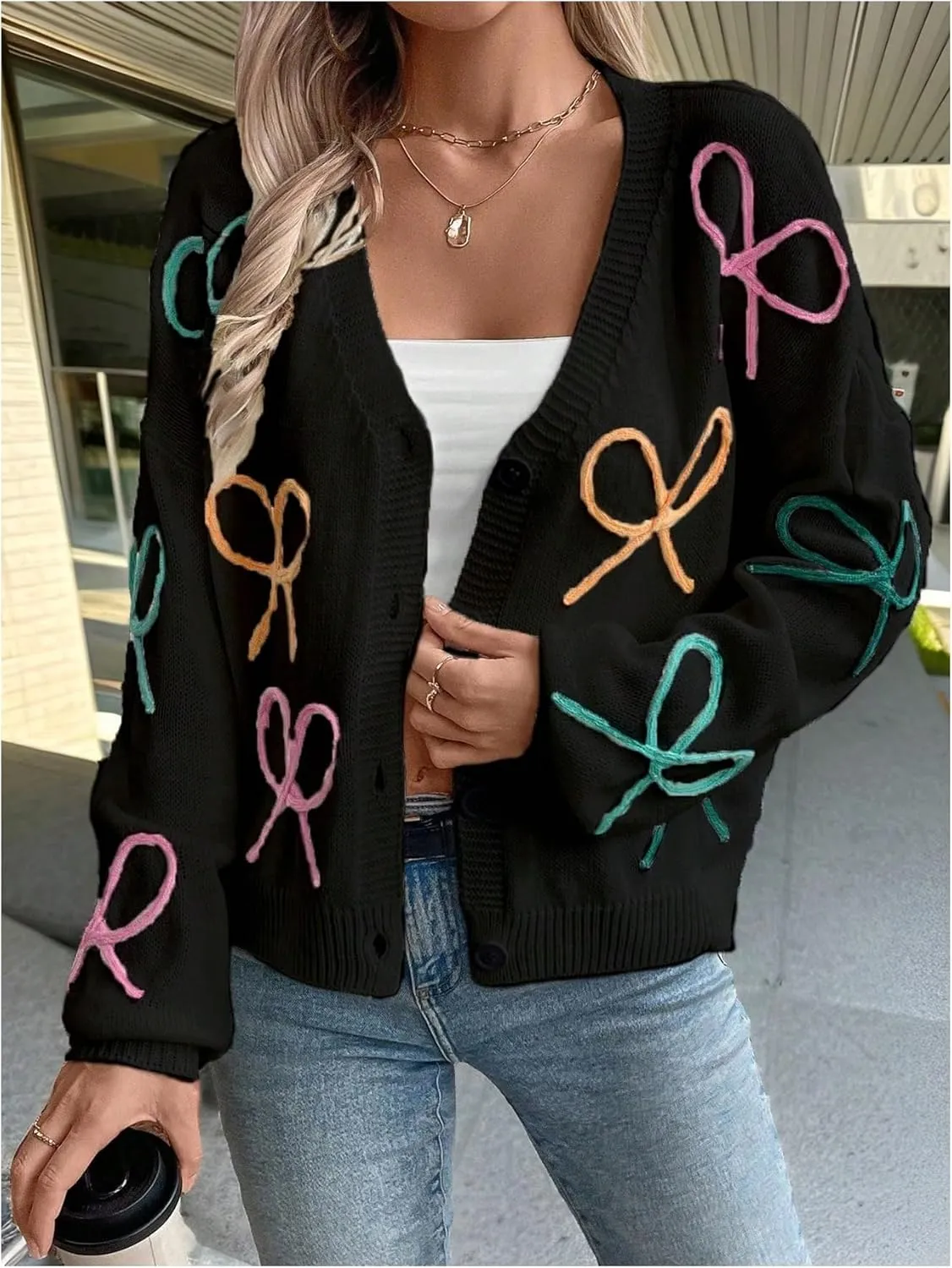 WDIRARA Women's Bow Button Down Cardigan V Neck Long Sleeve Drop Shoulder Knit Sweater