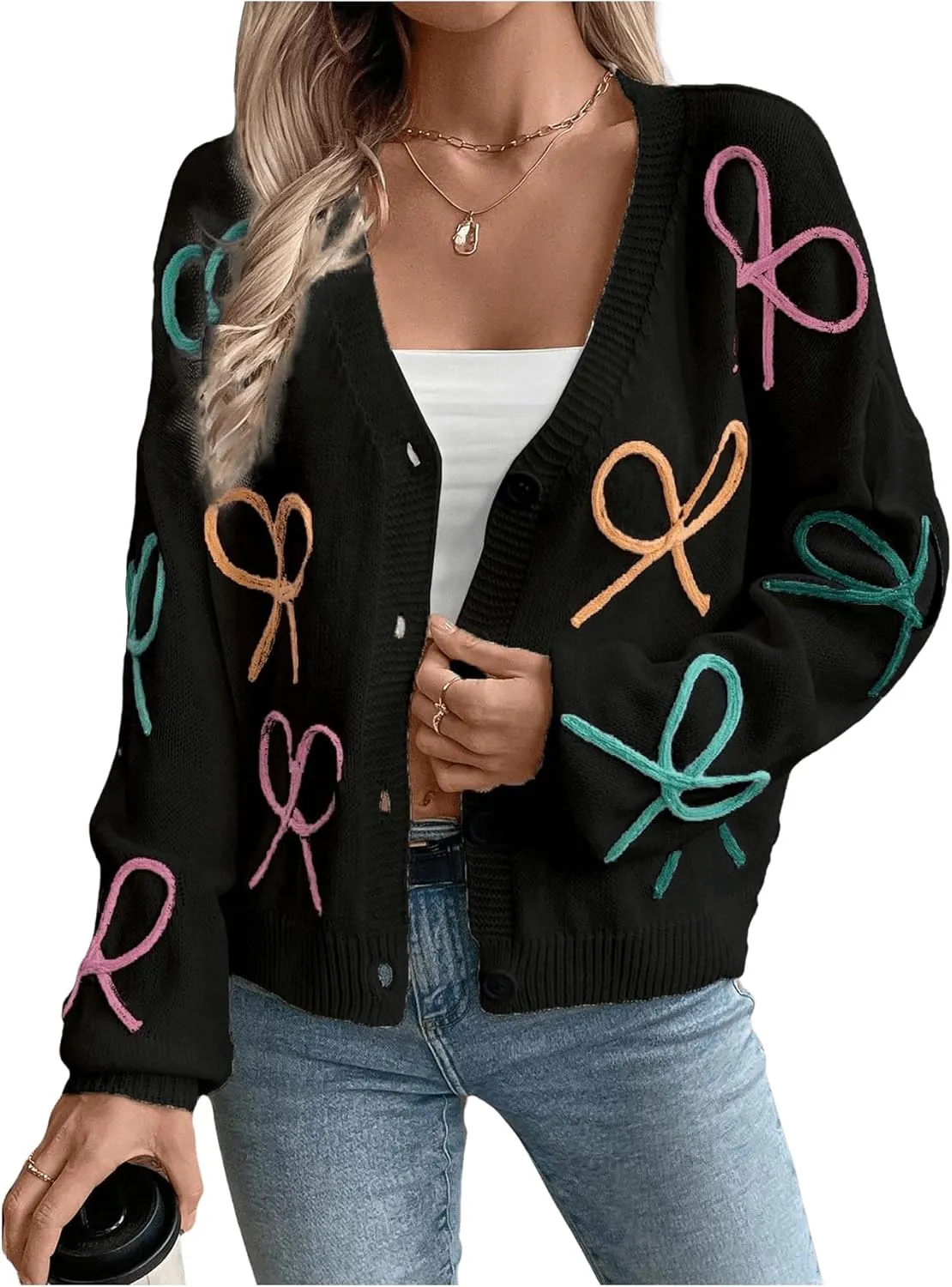 WDIRARA Women's Bow Button Down Cardigan V Neck Long Sleeve Drop Shoulder Knit Sweater