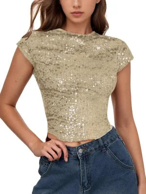 WDIRARA Women's Sequin Boat Neck Shirts Sparkle Glitter Backless Tee Cap Sleeve Crop Tops