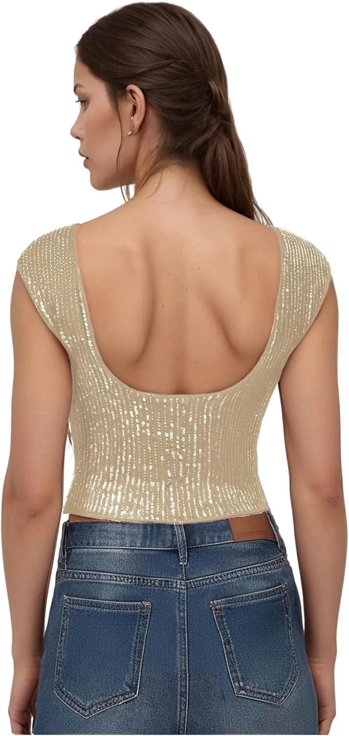 WDIRARA Women's Sequin Boat Neck Shirts Sparkle Glitter Backless Tee Cap Sleeve Crop Tops