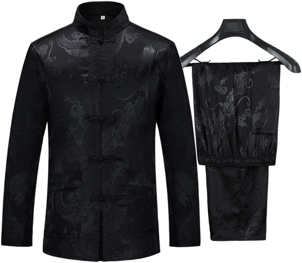 wecotton Tang Suit Men Hanfu Chinese Traditional Clothes Kung Fu Shirt Uniform Long Sleeved Coat Tops and Pants