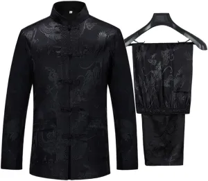 wecotton Tang Suit Men Hanfu Chinese Traditional Clothes Kung Fu Shirt Uniform Long Sleeved Coat Tops and Pants