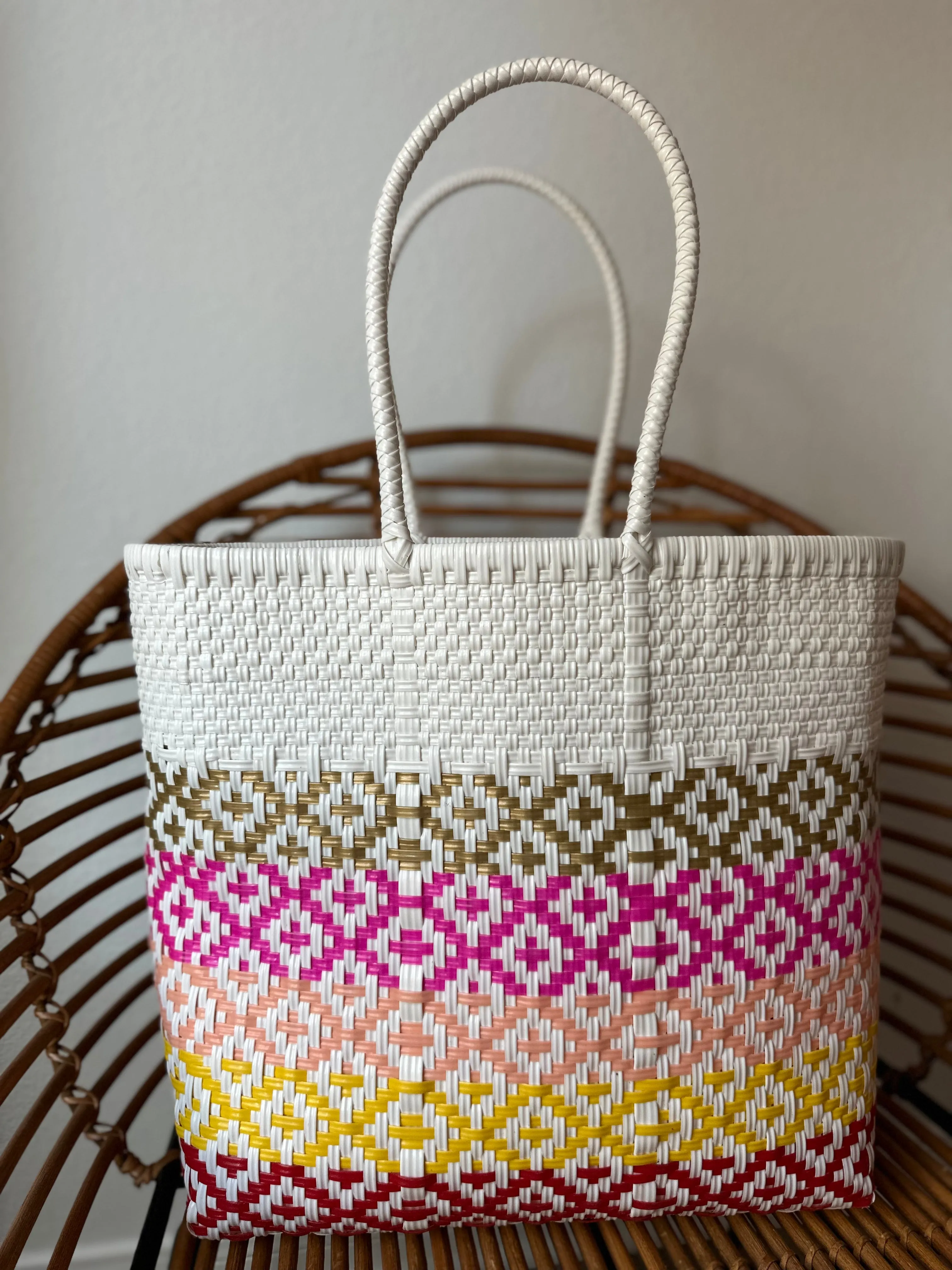 White, Gold, Pink, Red and Yellow Woven Tote