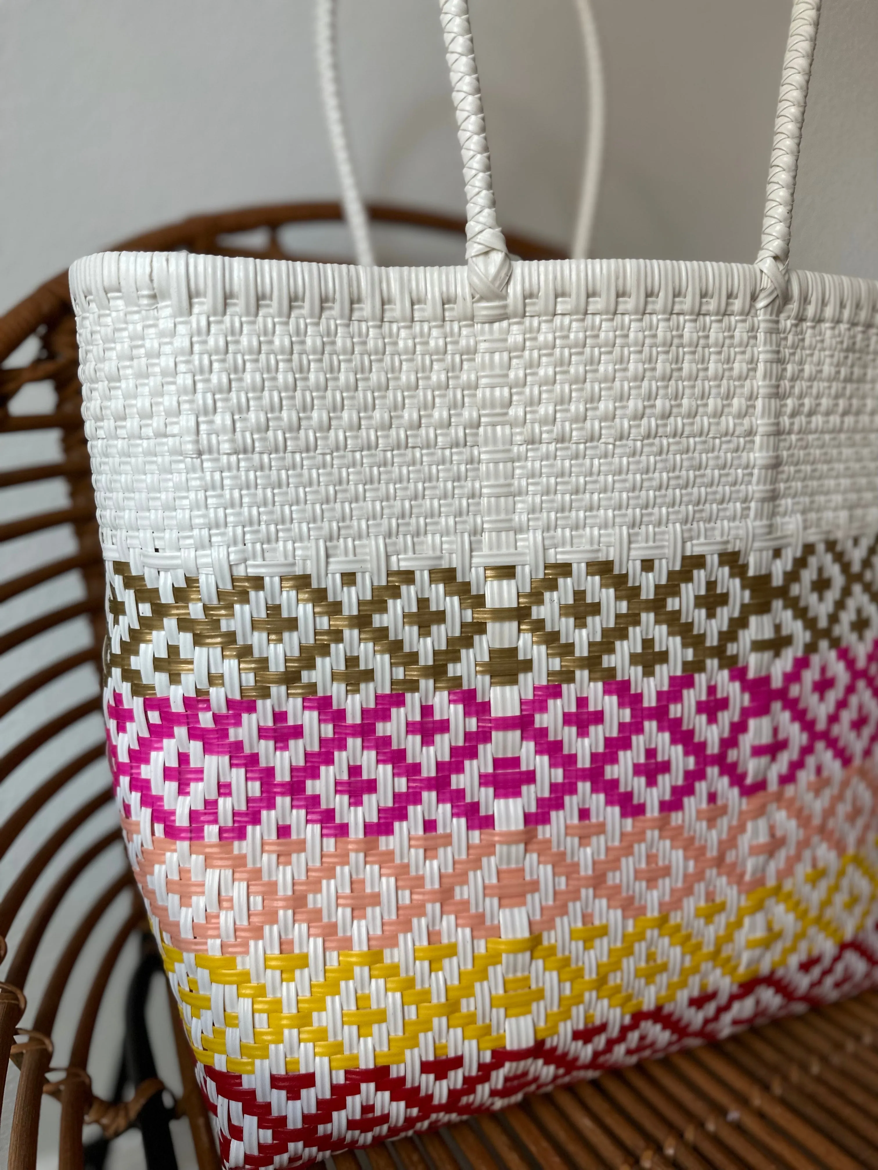 White, Gold, Pink, Red and Yellow Woven Tote