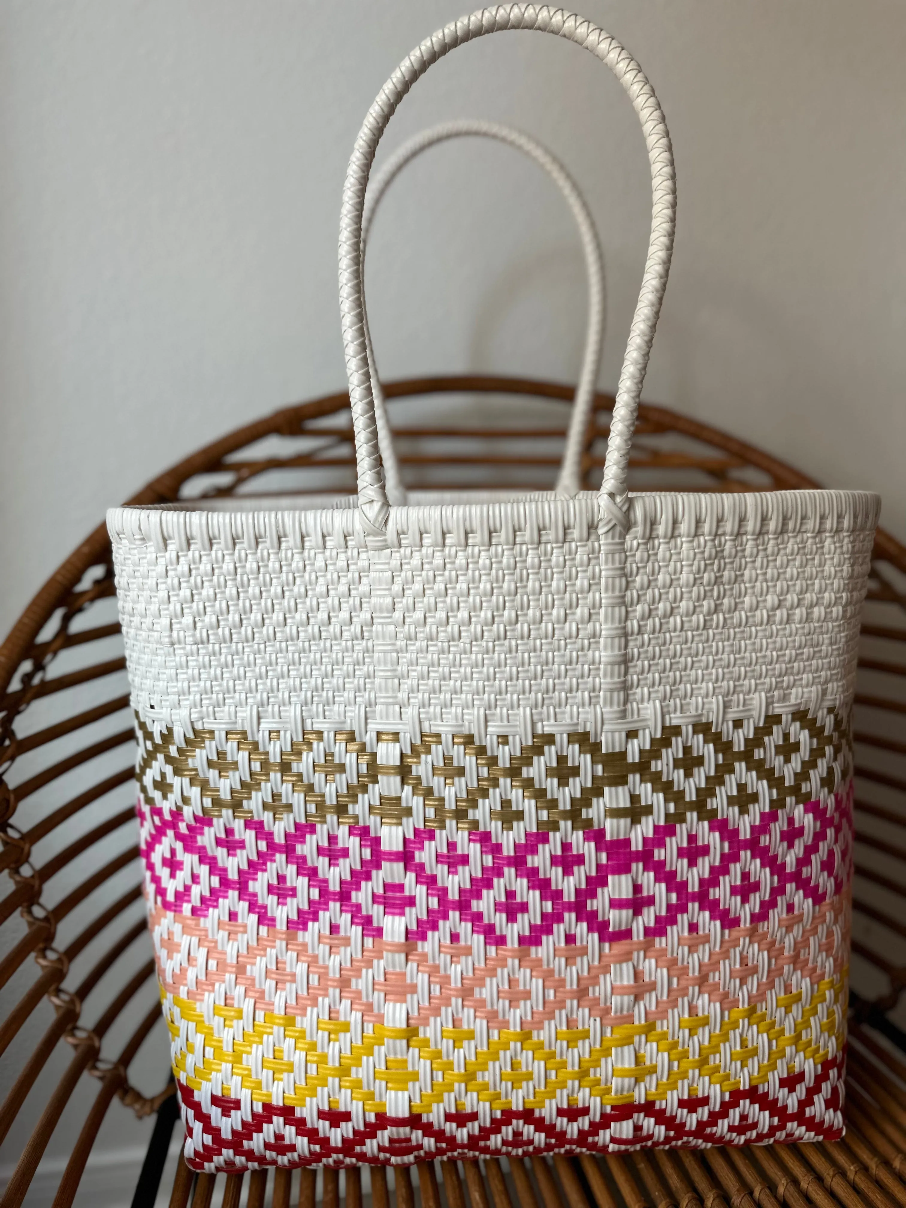White, Gold, Pink, Red and Yellow Woven Tote