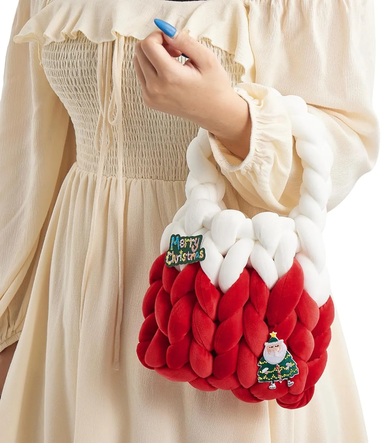 Women Christmas Braided Handbag Cute Soft Handmade Shoulder Bag Clutch Purse Totes for Travel Daily