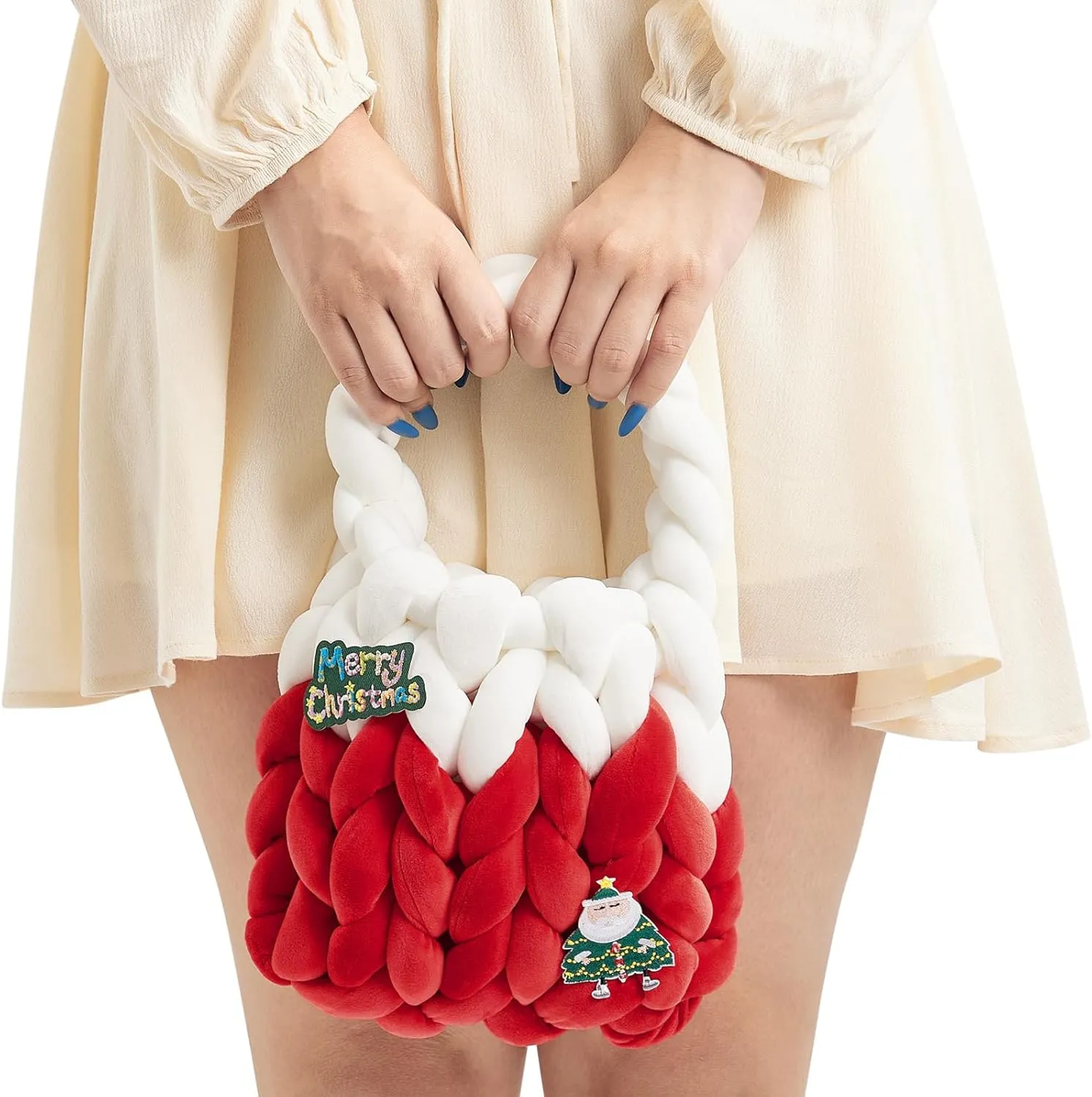 Women Christmas Braided Handbag Cute Soft Handmade Shoulder Bag Clutch Purse Totes for Travel Daily