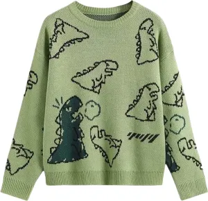 Women Dinosaur Print Knit Sweater Aesthetic Harajuku Oversized Pullover E Girl Streetwear Preppy Sweater
