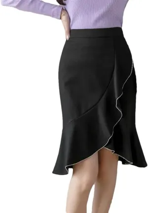 Women Fashion Knee Length Ruffles Bodycon High Waist Skirts Elegant Korean Office Sexy Pencil Skirt