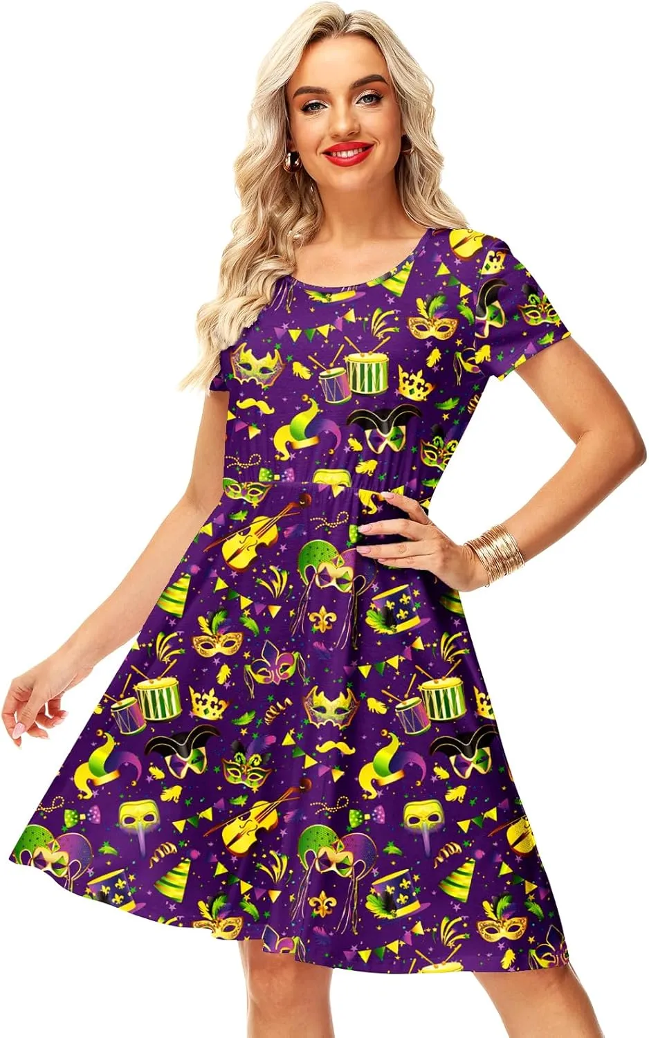 Women Madi Gras Print Dress St Patricks Short Sleeve Dresses Clover Tunic Dress