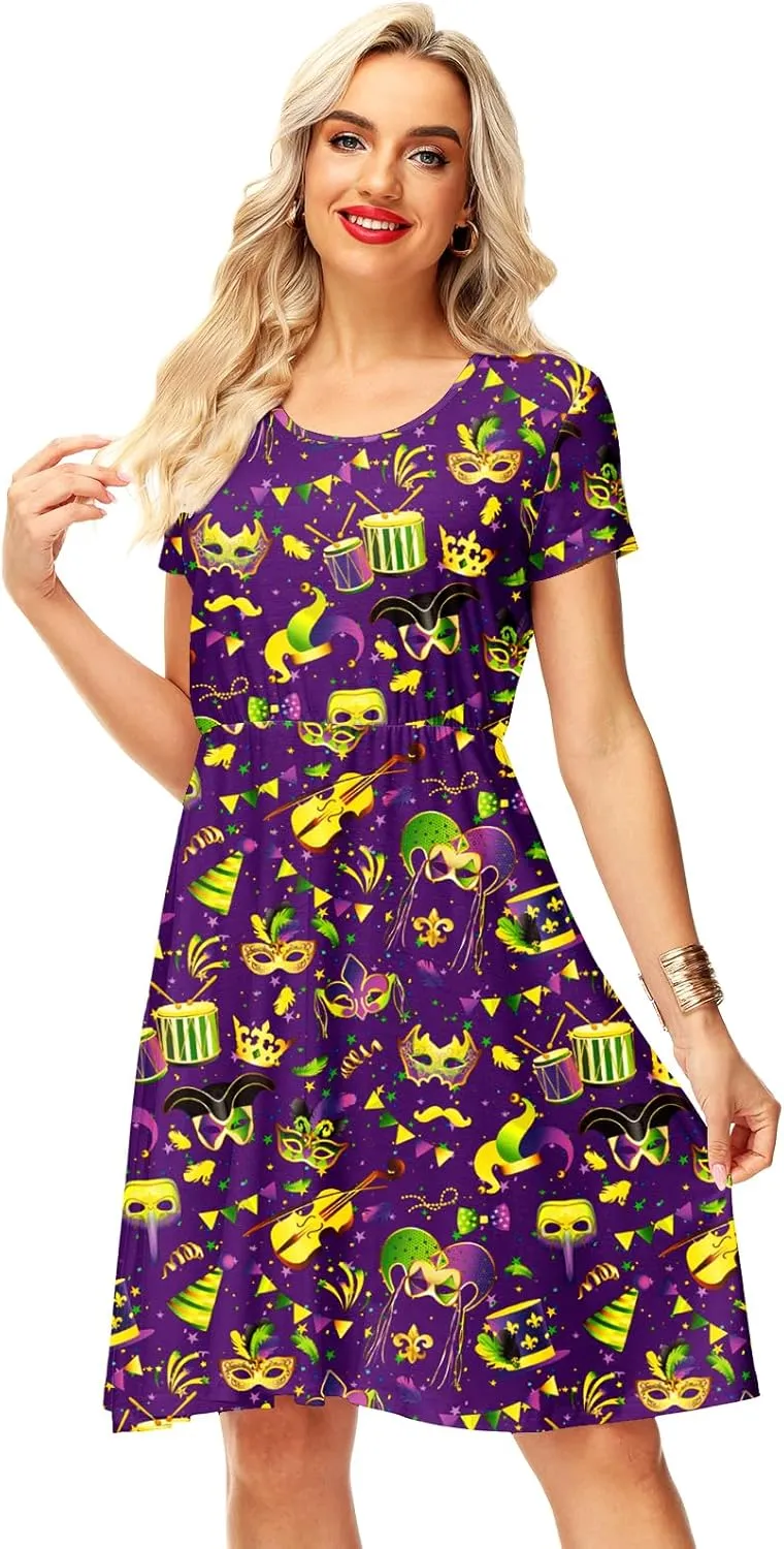 Women Madi Gras Print Dress St Patricks Short Sleeve Dresses Clover Tunic Dress