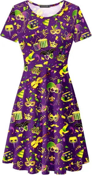 Women Madi Gras Print Dress St Patricks Short Sleeve Dresses Clover Tunic Dress