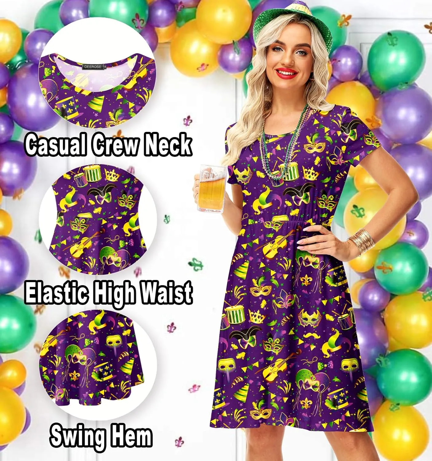 Women Madi Gras Print Dress St Patricks Short Sleeve Dresses Clover Tunic Dress