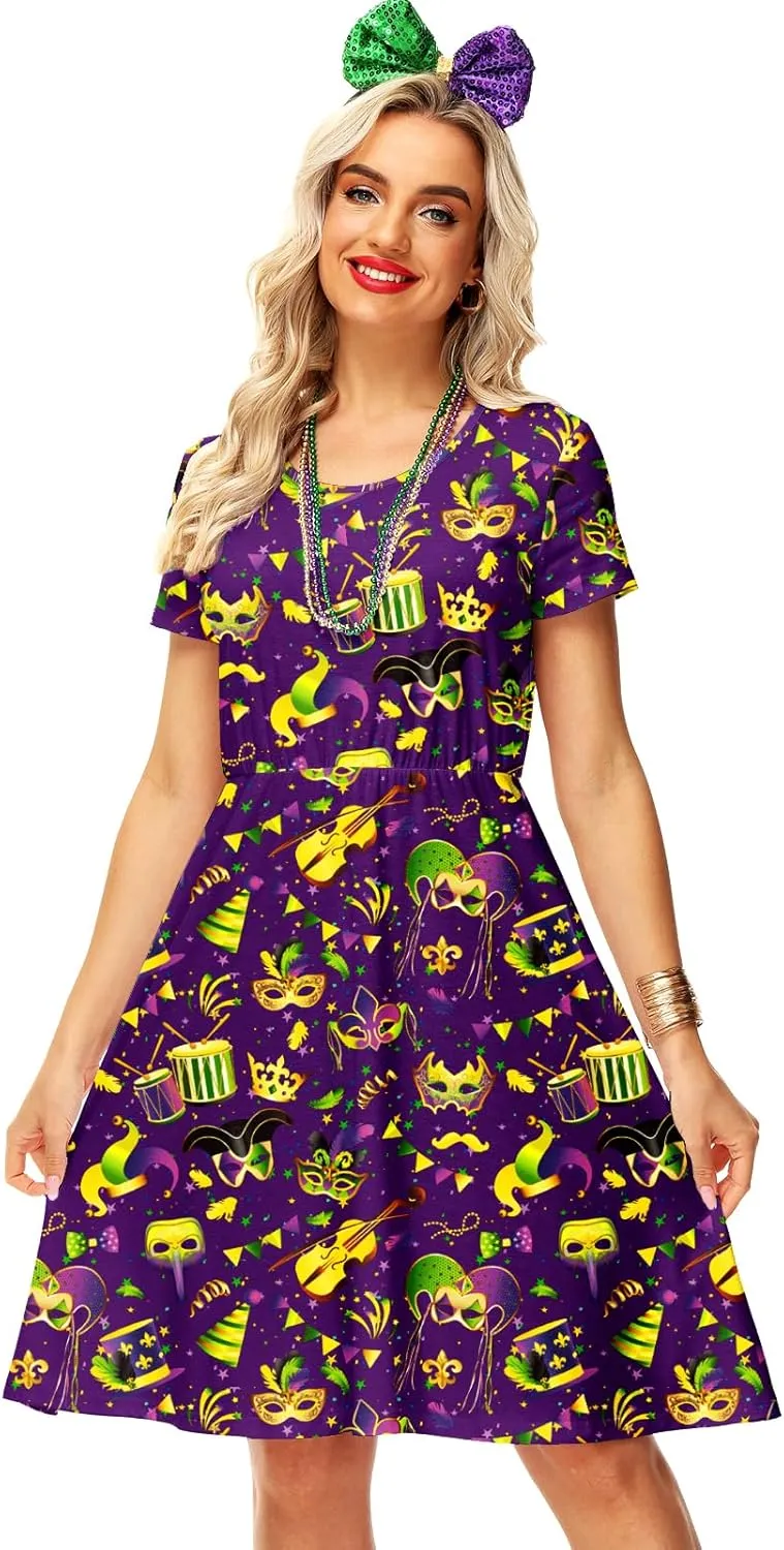 Women Madi Gras Print Dress St Patricks Short Sleeve Dresses Clover Tunic Dress