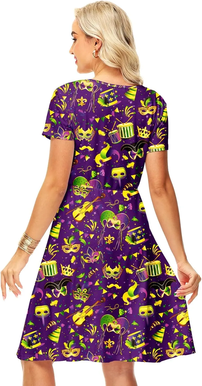 Women Madi Gras Print Dress St Patricks Short Sleeve Dresses Clover Tunic Dress